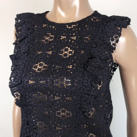 💙Zara Black Lace Pinafore Ruffle Blouse Top Sheer Crochet Flounce Trim Black - Picture 3 of 10